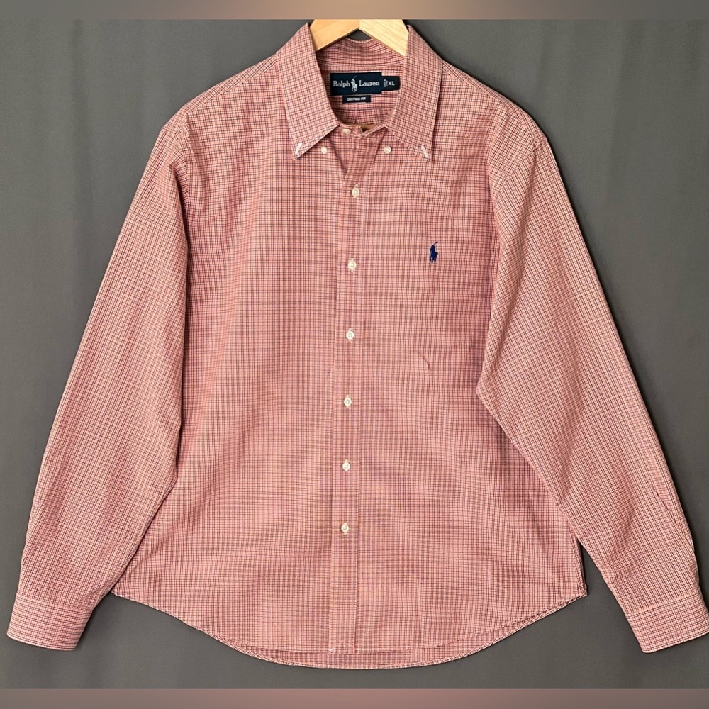 Ralph Lauren Men's XL Custom Fit Orange Blue Plaid Dress Shirt Blue Pony